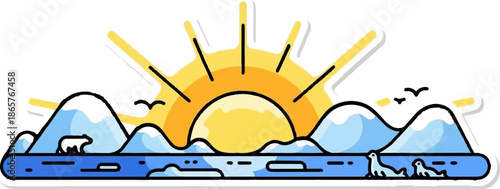 Bright sun shines on icy mountains, a polar bear, seals, and birds in arctic water