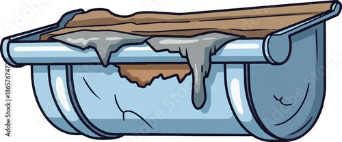 A damaged gutter filled with debris and ice