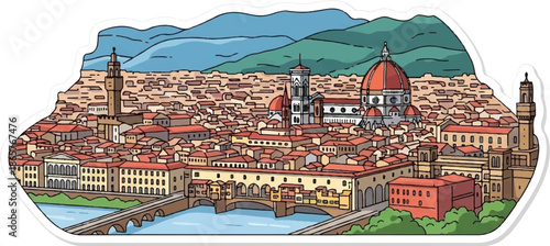 Stylized Italian city skyline with a prominent dome, bridge, and river