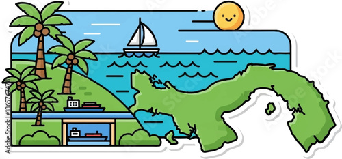 Tropical paradise scene featuring palm trees, a sailboat, and a smiling sun over ocean waves