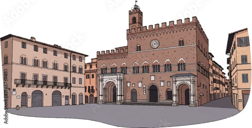 European town square with historic buildings, archways, and a clock tower
