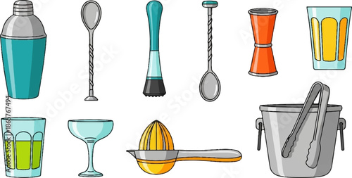 Assorted bar tools and glassware including a shaker, muddler, spoon, jigger, and ice bucket