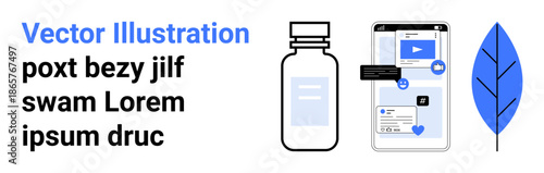 Digital marketing, telemedicine, social media, healthcare, app technology, communication. Smartphone interface, medicine bottle and blue leaf visual. Digital marketing and telemedicine concept