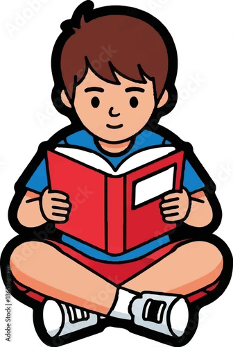 A child with brown hair, wearing a blue shirt and red shorts, sits cross-legged, absorbed in reading a red book