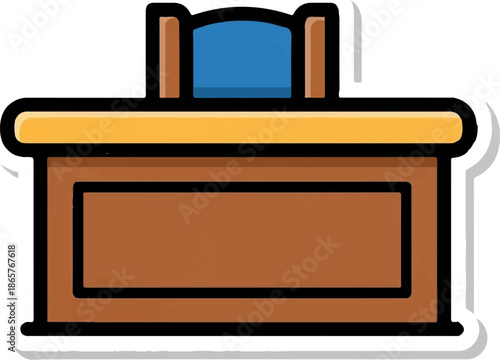 Stylized cartoon illustration of a wooden desk with a blue chair and yellow tabletop