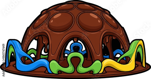 A brown dome-shaped structure with colorful, curved supports below, resembling a fantastical candy or dessert