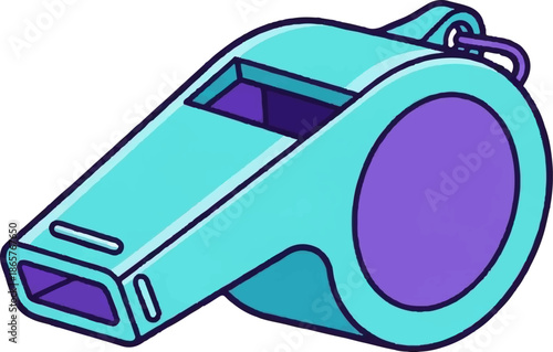 A cartoonish teal and purple whistle with a loop on the end