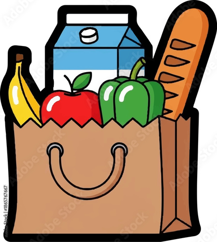 A brown paper bag filled with groceries including a banana, apple, pepper, milk carton, and baguette