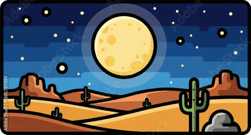 A vast desert landscape under a starry, moonlit night sky