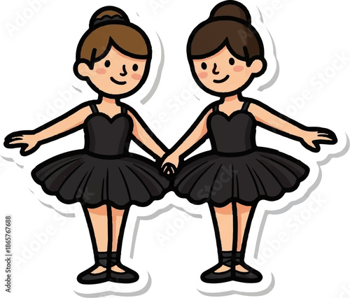 Two cartoon ballerinas in black tutus and buns holding hands