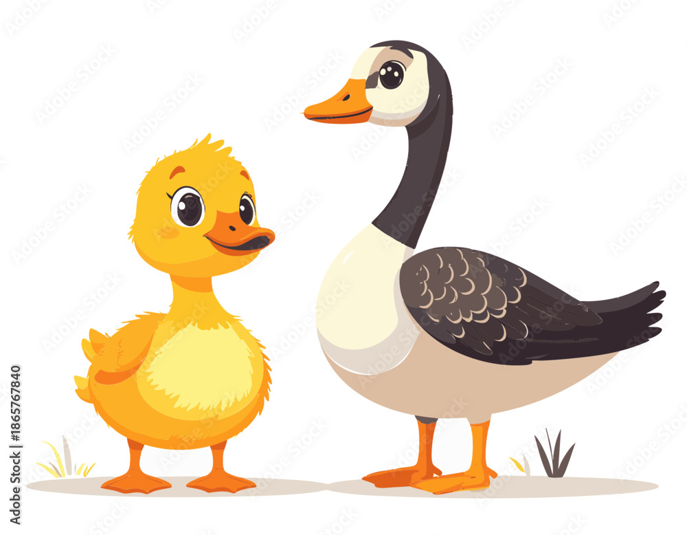 Obraz premium Cute Duckling and Goose Standing Together Outdoors in Daylight With Green Grass and White Background