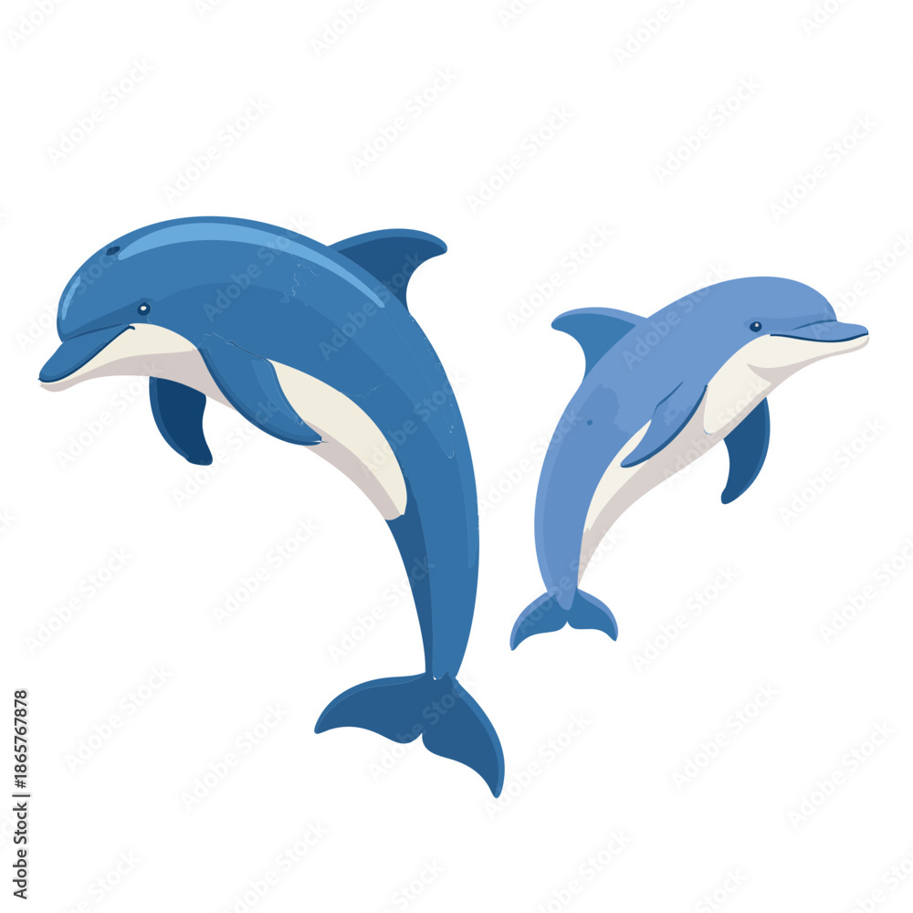 Fototapeta premium Two Blue Dolphins Leaping Gracefully in Clear Water with White Background