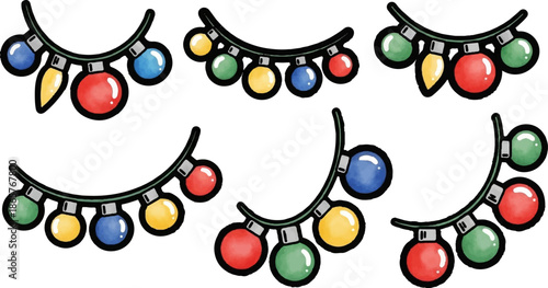 Colorful festive lights strung together, showcasing a variety of shapes and vibrant hues