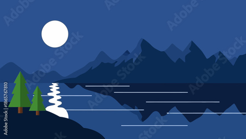Serene Night Landscape with Mountains and Lake under Full Moon.