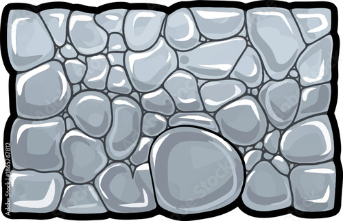 A stylized, cartoonish stone wall with a cave-like opening in the center