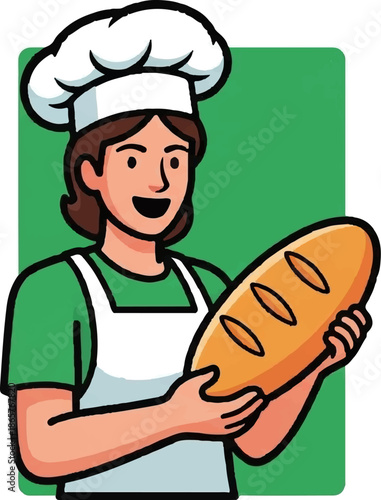 A cheerful baker in a white apron and chef's hat holds a freshly baked loaf of bread