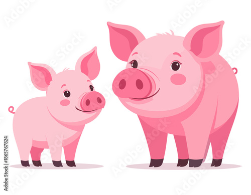 Two Pink Cartoon Pigs One Small One Large Stand Together Smiling on White Background