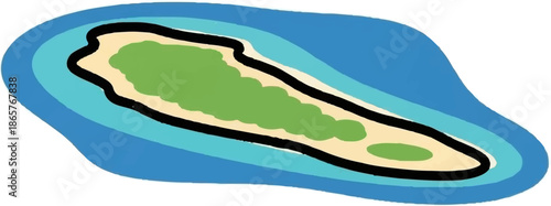 A stylized island with green foliage and sandy shores surrounded by blue ocean