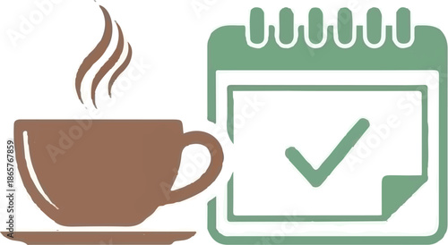 A stylized coffee cup sits beside a calendar icon with a checkmark