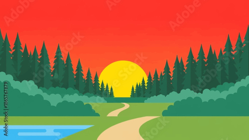 Serene landscape with a winding path through trees at sunset.