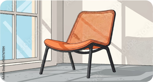 Modern orange mesh chair placed by a window with sunlight casting shadows on floor