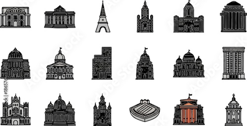 A collection of monochrome architectural icons representing various famous and general buildings