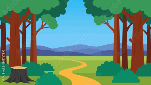 Serene forest landscape with winding path and trees.