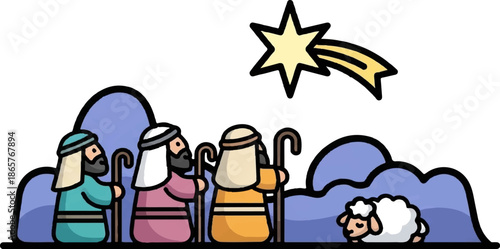 Three shepherds with staffs and a sheep under a bright star