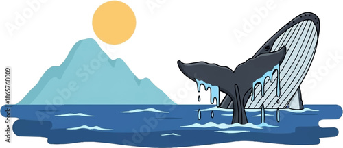 A whale's tail emerges from blue ocean waters near a pale blue mountain under a yellow sun