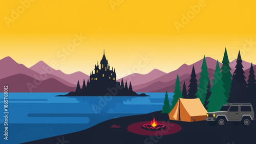 Camping by the lake at sunset with a fantasy castle in the background.