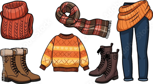 Cozy winter clothing set orange sweaters, jeans, scarf, and boots