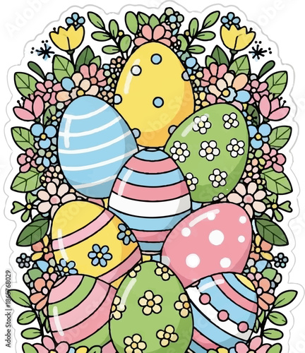 Colorful Easter eggs nestled amongst a floral arrangement