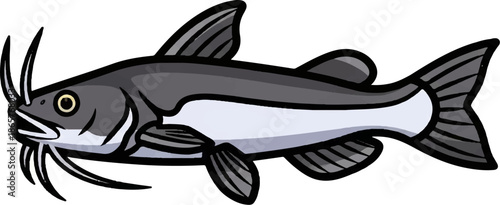 A stylized cartoon catfish swims horizontally against a white background