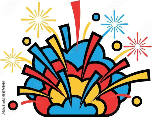 A vibrant, graphic depiction of a colorful explosion with radiating bursts of red, yellow, and blue
