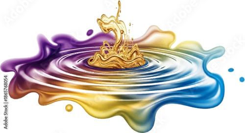 A vibrant splash of golden liquid erupts from swirling multi-colored fluid
