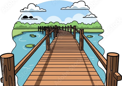 Wooden pier extending into a calm lake with lily pads under a blue sky