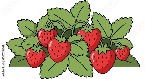 Cartoon illustration of a cluster of ripe strawberries on green leaves