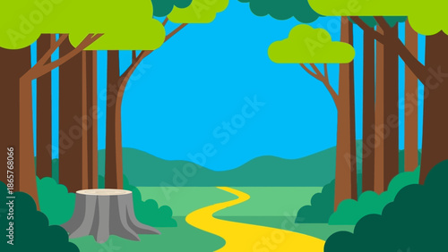 A serene forest landscape with a winding yellow path.