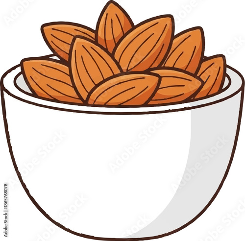 A white bowl is overflowing with numerous brown almonds, depicted with a simple, hand-drawn style