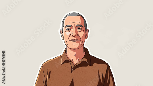 Stylized portrait of an older man with gray hair and a brown shirt