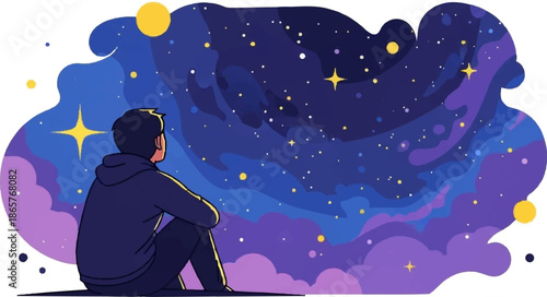 Young person gazes at a vibrant, starry night sky with swirling cosmic clouds