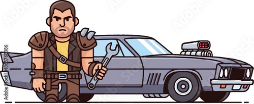 A rugged mechanic with a wrench stands by a custom muscle car with a supercharger