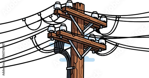 A cartoon power line pole with wooden beams, ceramic insulators, and black cables against a white background