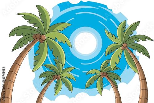 Sunny tropical scene with stylized palm trees and bright blue sky
