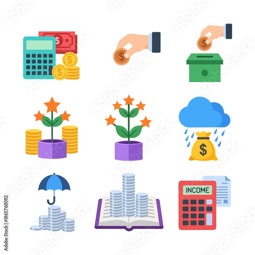 Financial growth and investment icons set with calculator and money.