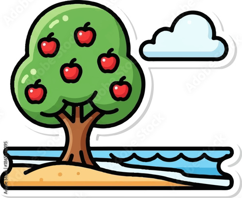 A cheerful apple tree with red fruit stands by blue water and a sandy shore under a fluffy cloud