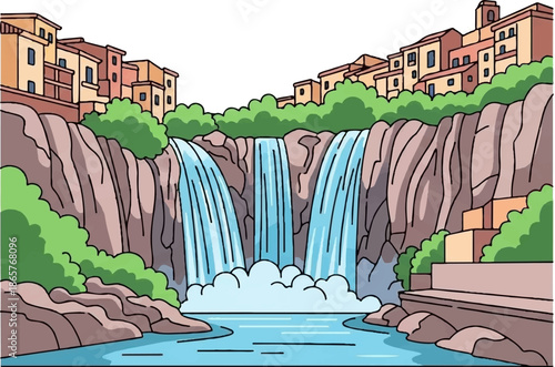 A picturesque town built on cliffs overlooks a majestic cascading waterfall