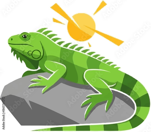 Green iguana basking on a rock under a bright yellow sun with rays
