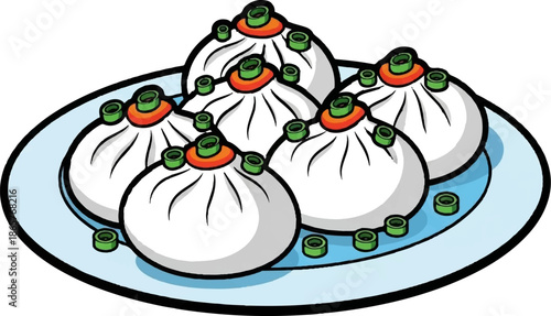 A cartoon illustration shows a plate of steamed buns with green onion garnishes