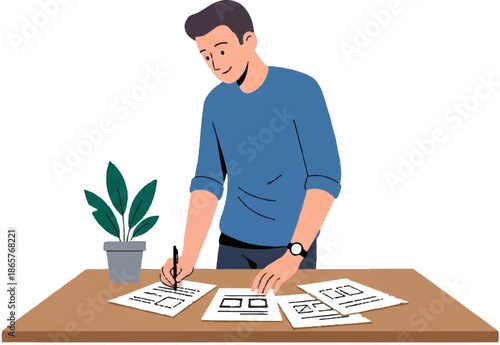 Person working on papers at a desk with a potted plant